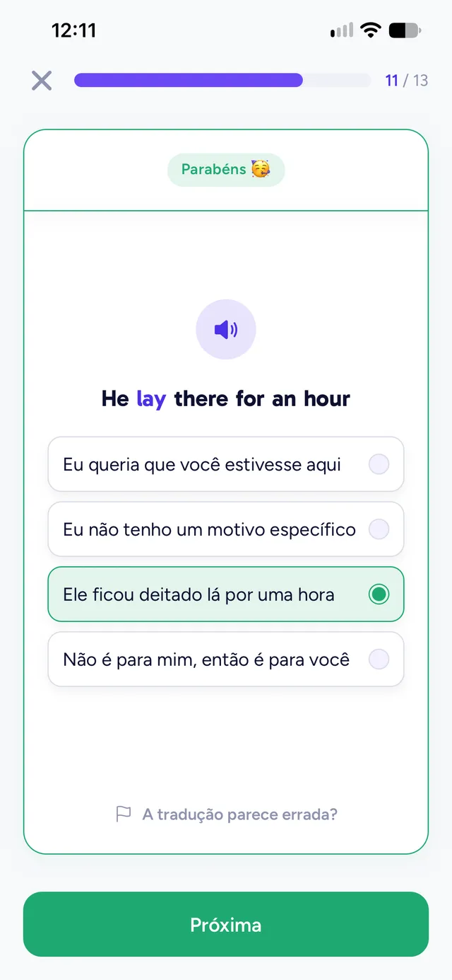 Leitura conferida, com a tradução certa marcada em verde e o aviso A tradução parece errada?